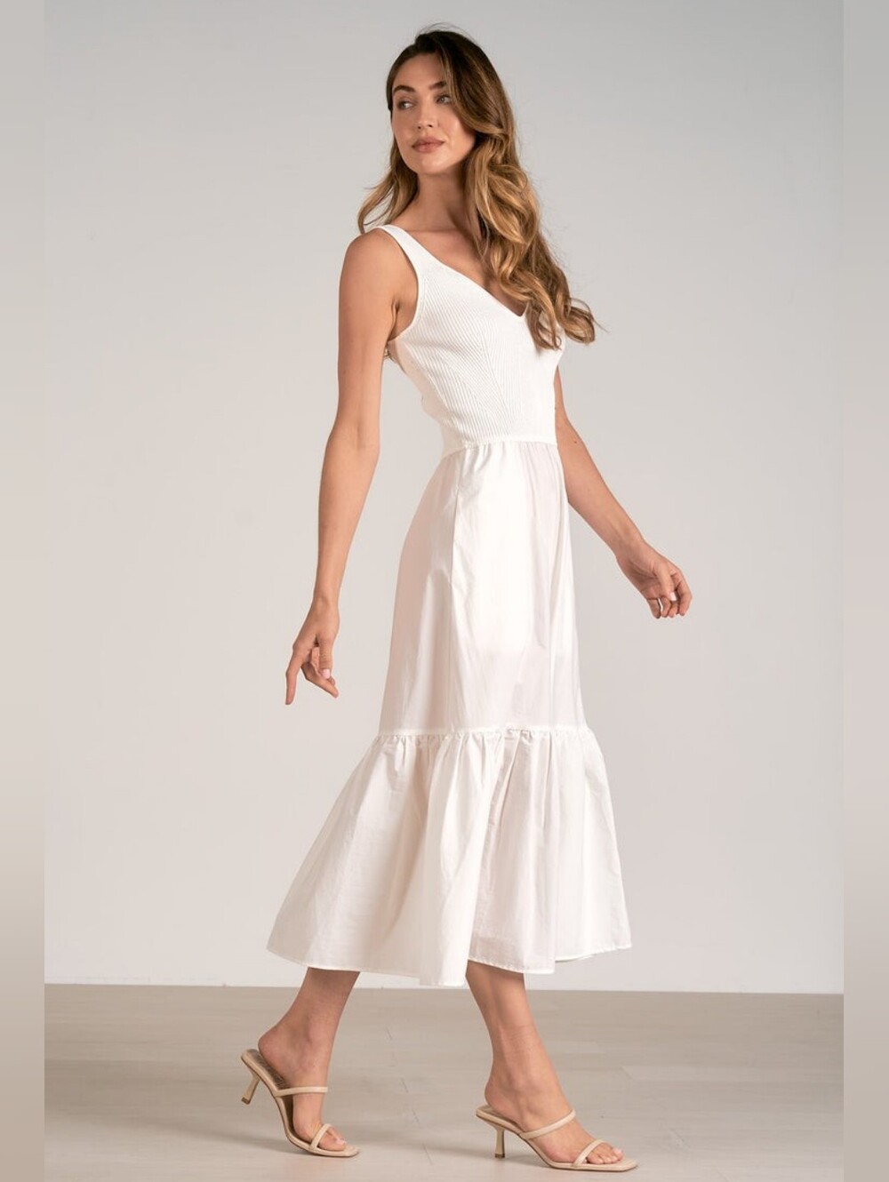 Elan  Rhodes Small White Sleeveless Ribbed Bodice Maxi Dress